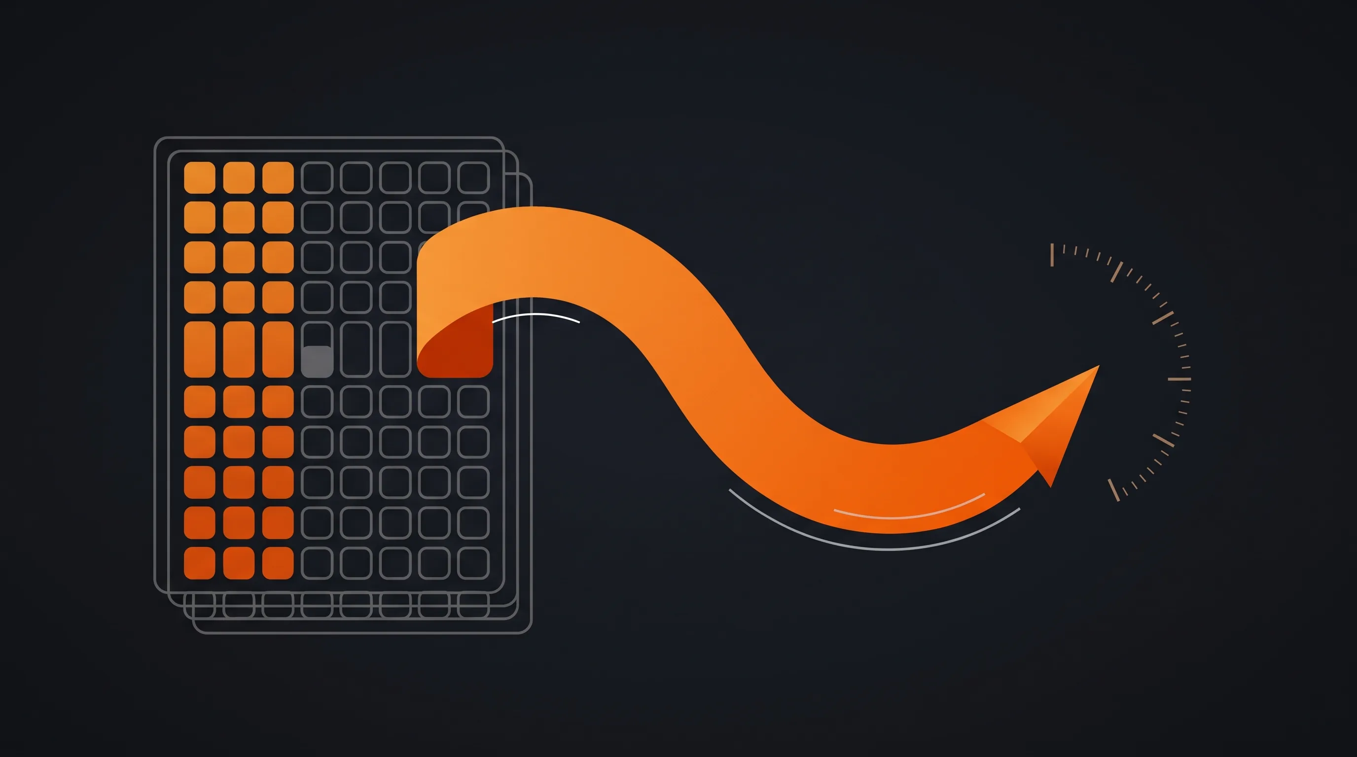 A stack of answer sheets on the left, part of its bubble grid filled in orange, with a broad curved arrow sweeping from the sheets to a tick-marked dial arc on the right.