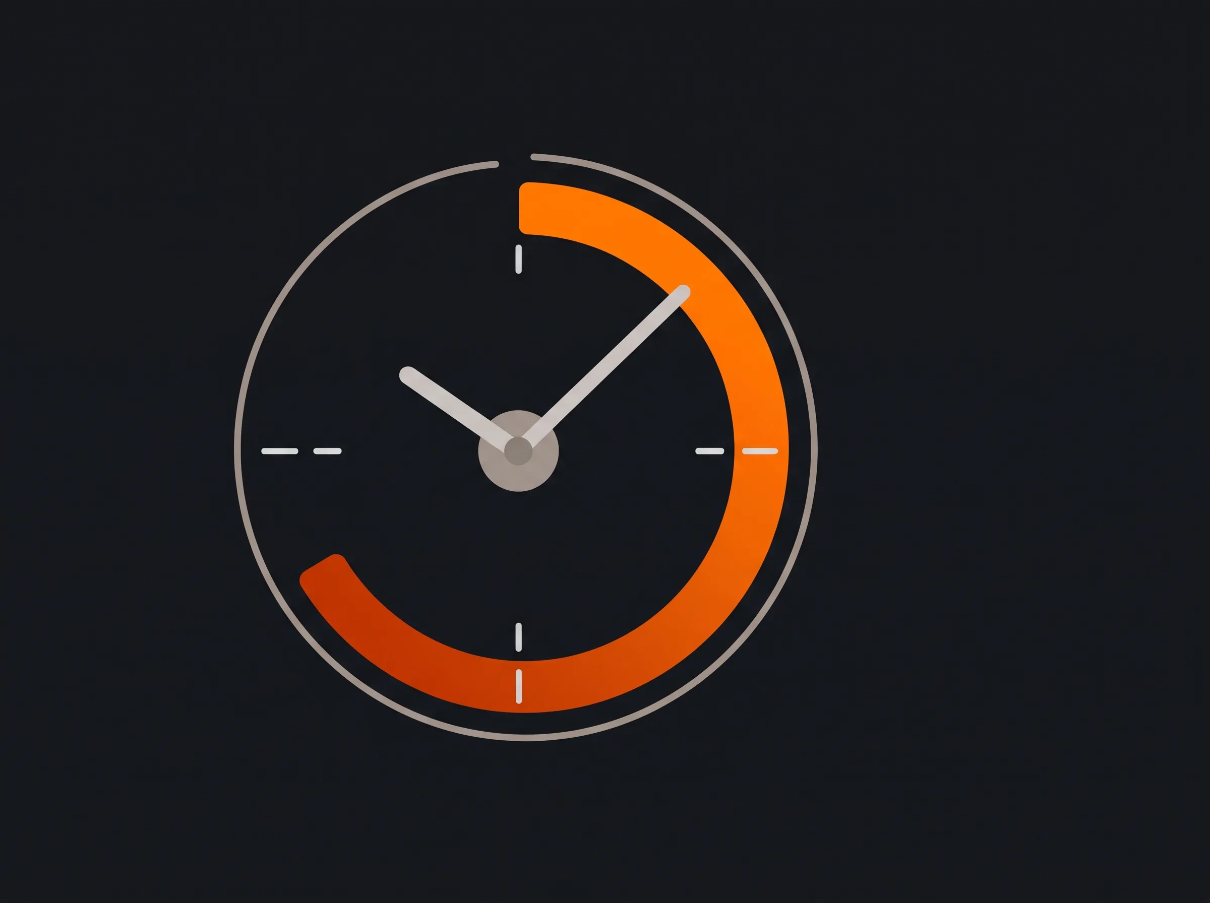 A clock face with two plain hands and no numerals, its rim partly filled by a thick orange countdown arc.