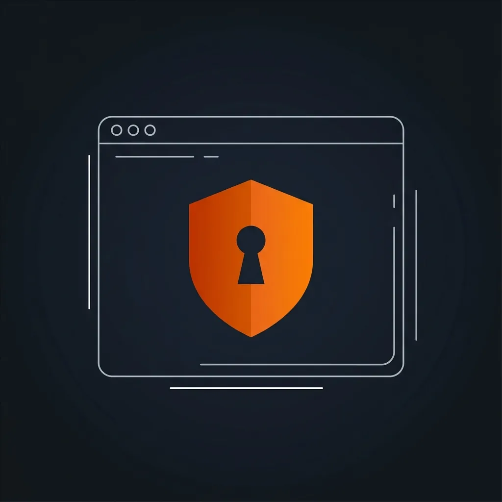 An orange shield with a keyhole cut out of it, centred inside the thin outline of a browser window.