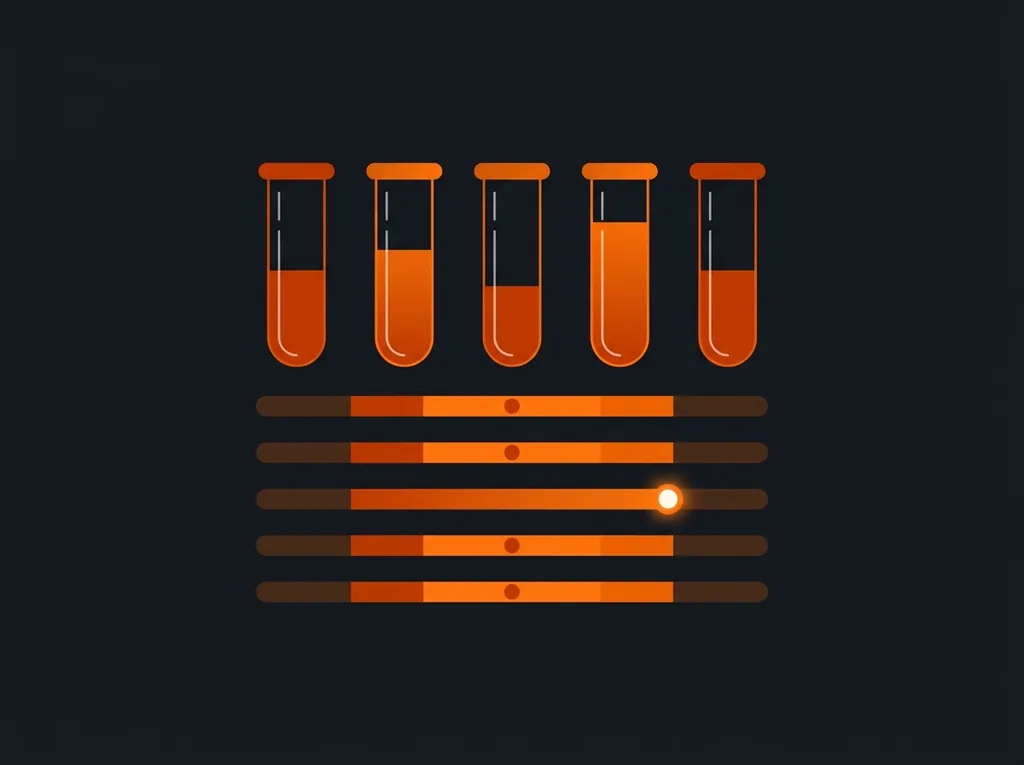 Five partly filled test tubes above five horizontal reference-range bars. Every bar is dim at both ends and bright through the middle and carries a marker dot; on the third bar the dot glows white and sits past the bright section, outside the normal range.