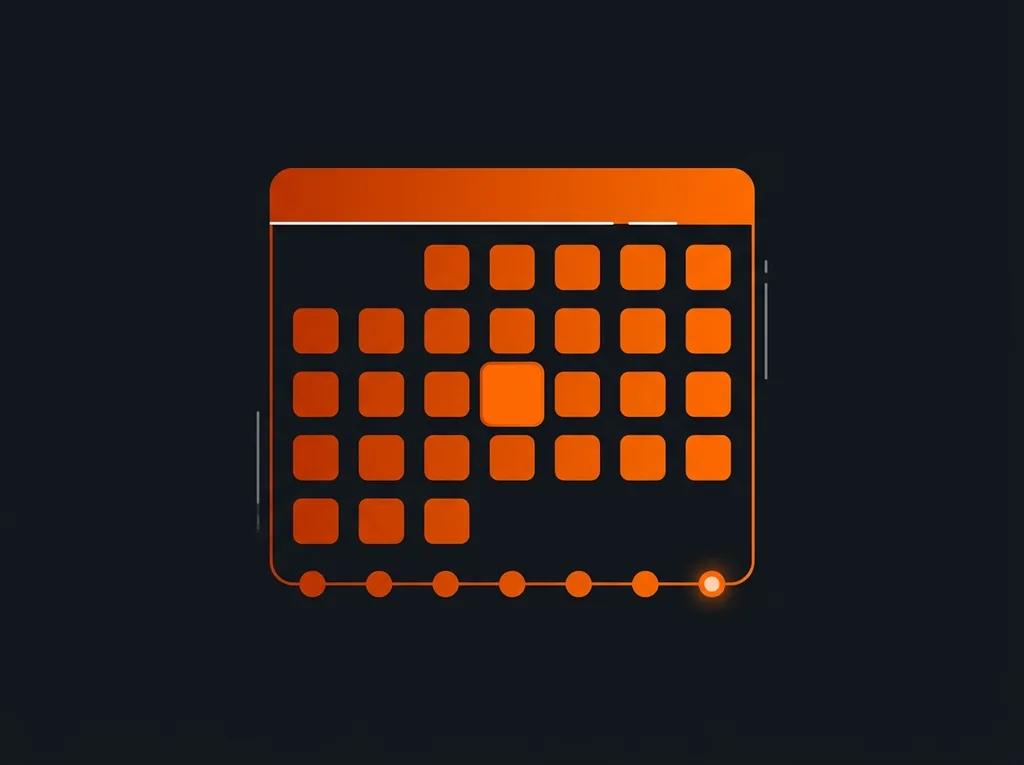 A month calendar of orange day tiles with one tile near the centre enlarged and brightened. A row of dots joined by a thin line runs along the bottom edge of the calendar, the last dot glowing white to mark an unbroken daily streak.
