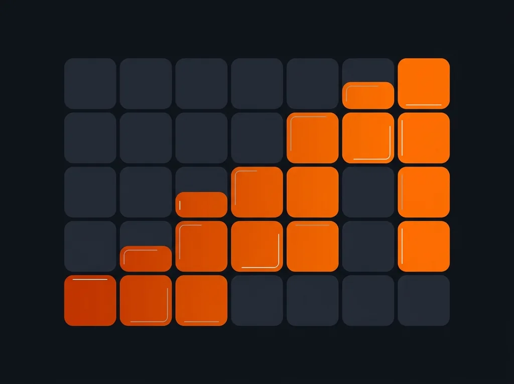 A seven-column weekly grid of rounded cells. Filled orange study blocks climb from the bottom-left corner towards the top-right in a staircase, and a handful of cells are left dark as rest days.